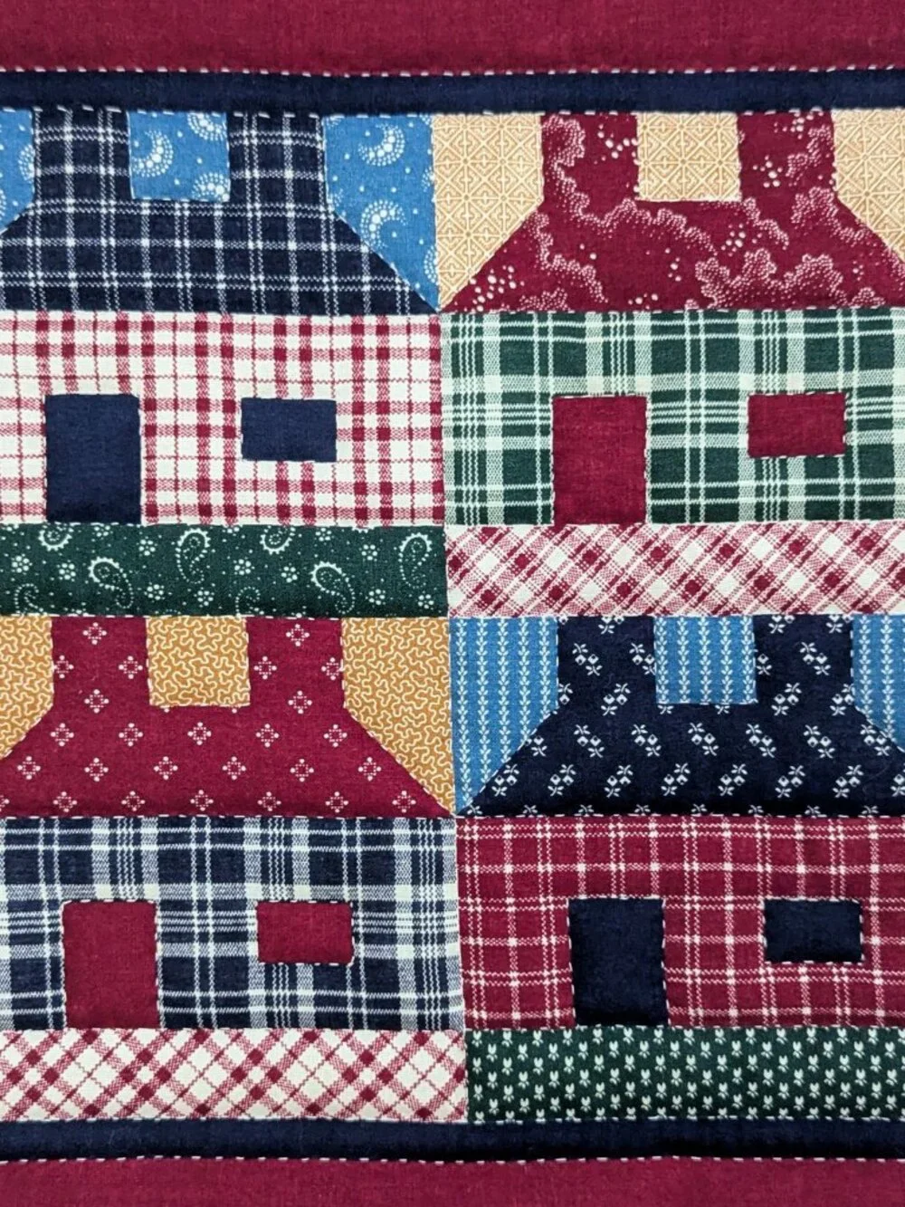 Country Patchwork Quilt Wall Hanging Houses Hearts Americana Farmhouse 17